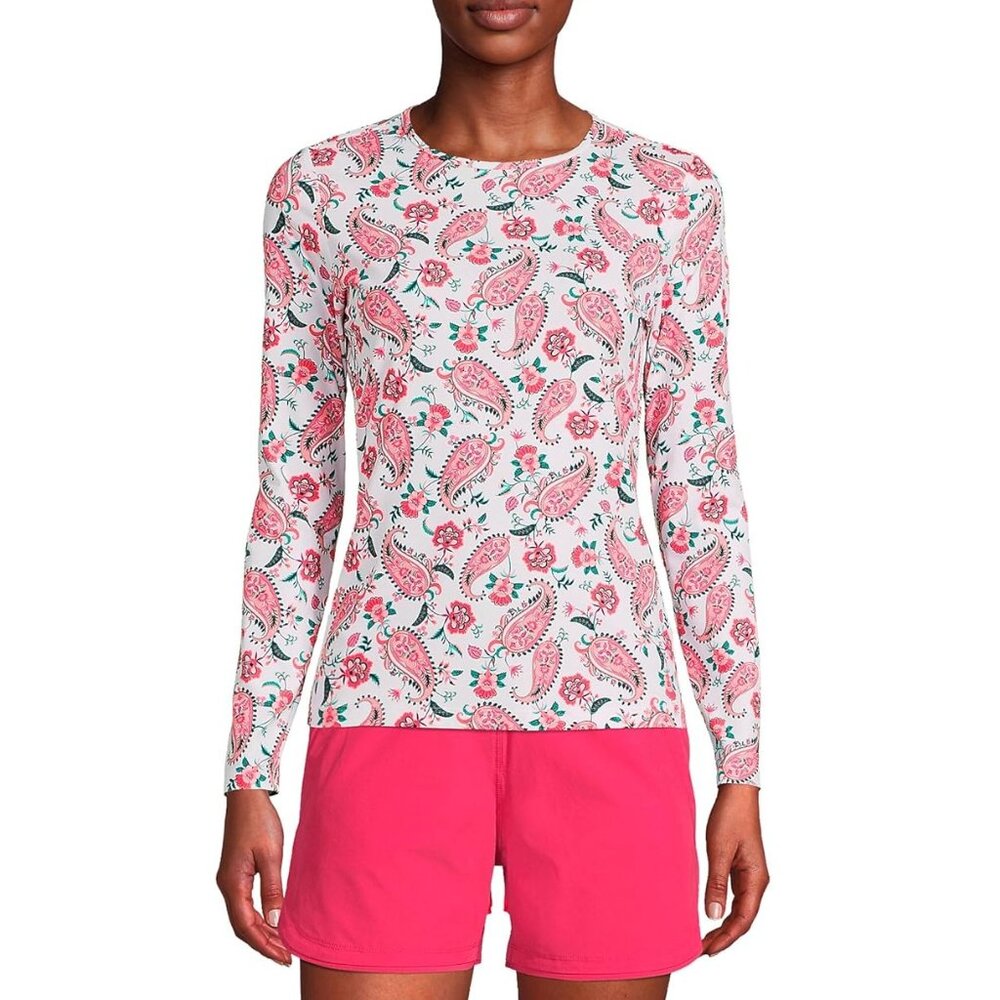 NWT Lands' End Women Long Sleeve UPF50 Rashguard White Paisley Size S $60 FLE225